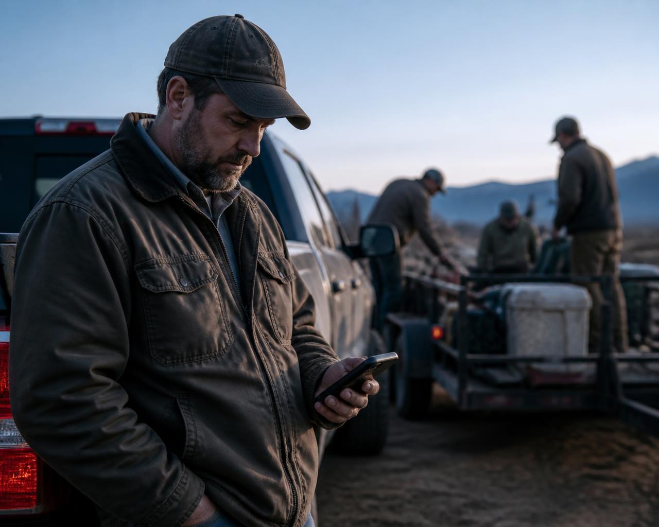 Foreman checking the morning's assignments on his phone beside a loaded truck