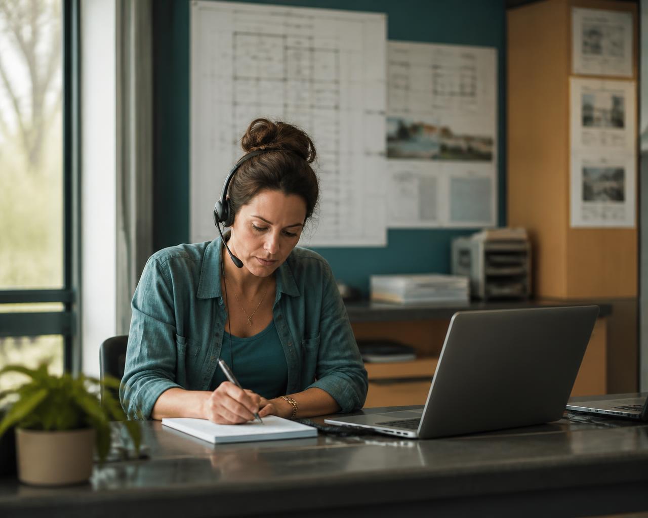Office coordinator at a contractor front desk taking notes on a call