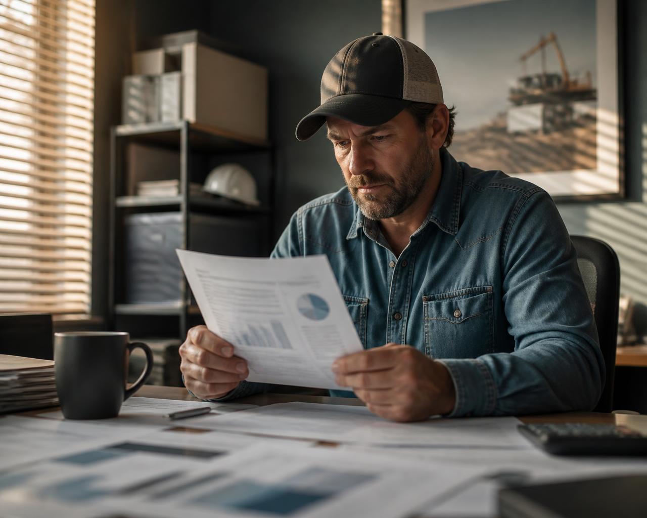 Contractor owner reviewing job profitability reports at his desk