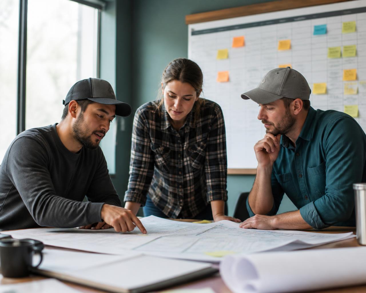 Estimators and a project manager reviewing job plans together